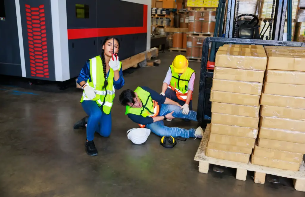 Worker on the floor holding his leg after a forklift injury.