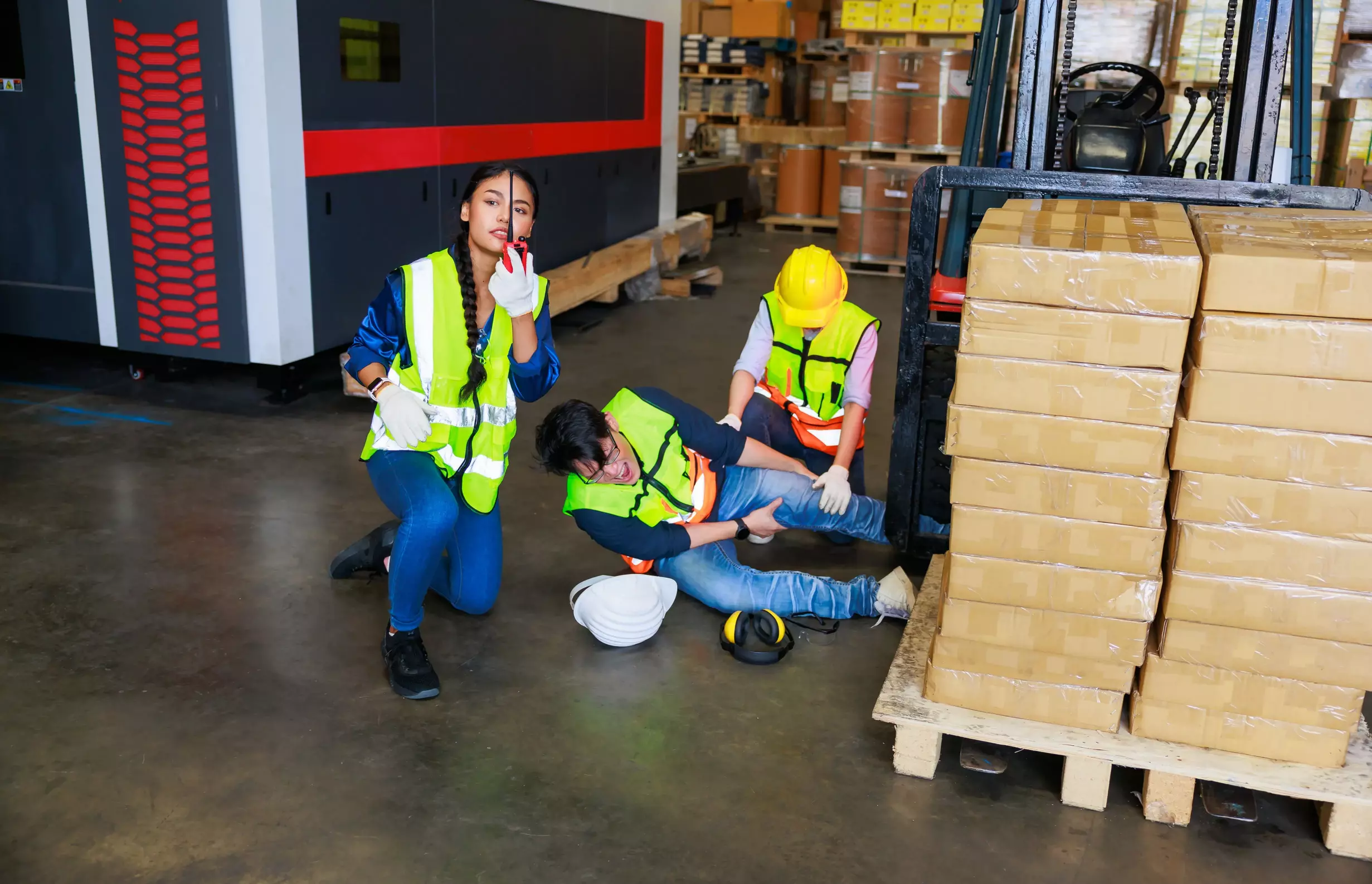 Worker on the floor holding his leg after a forklift injury.