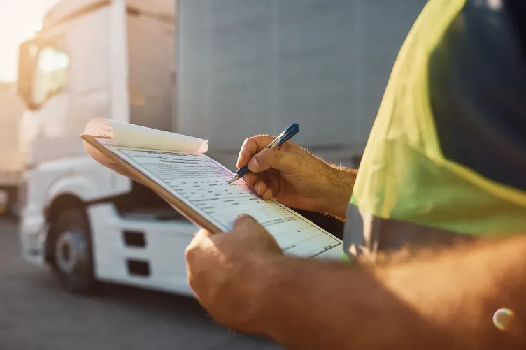 Commercial driver doing safety paperwork.