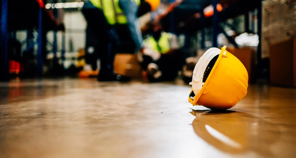 A hard hat in the foreground, with a forklift accident in the background.