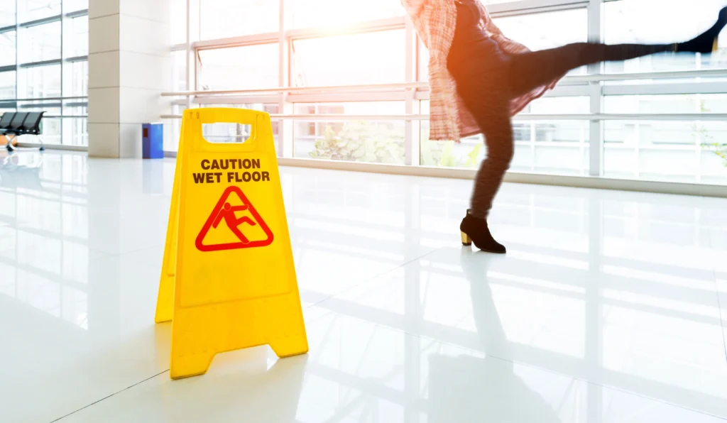 A woman slipping and falling behind a wet floor sign.