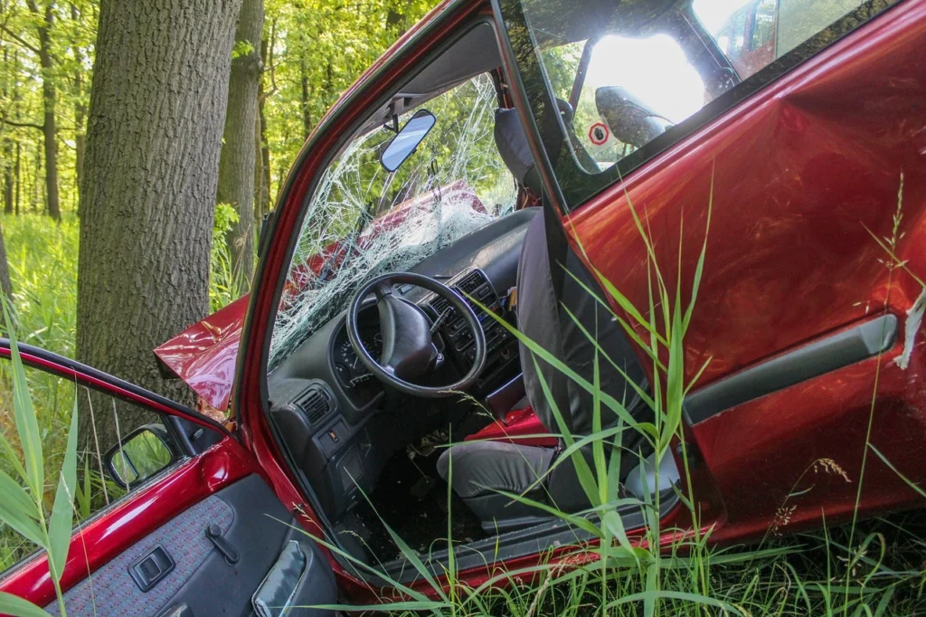 A car crashed into a tree.