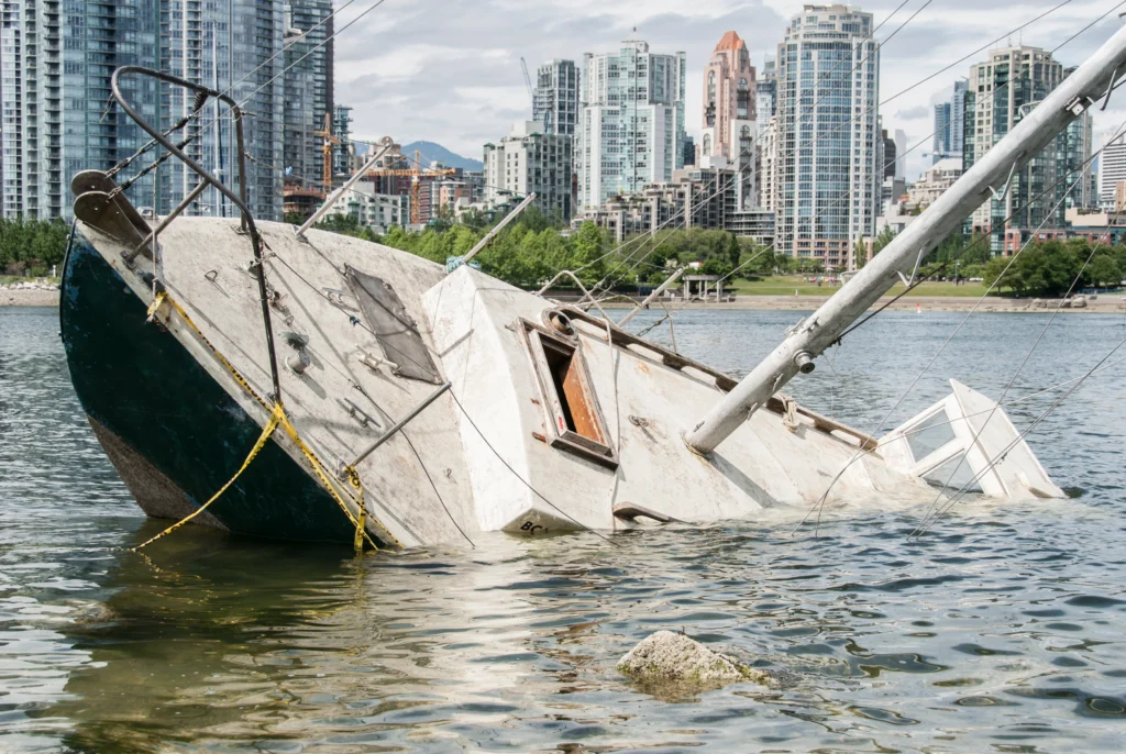 A boat, sinking into the water.