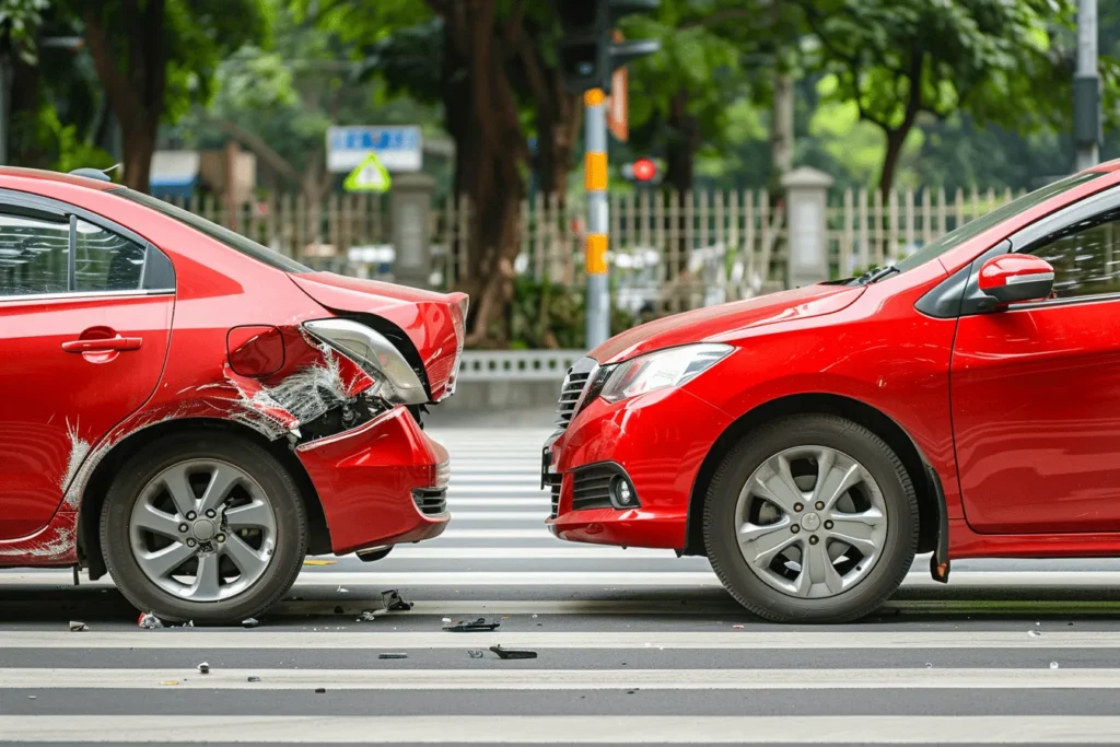 Two red cars in an accident.