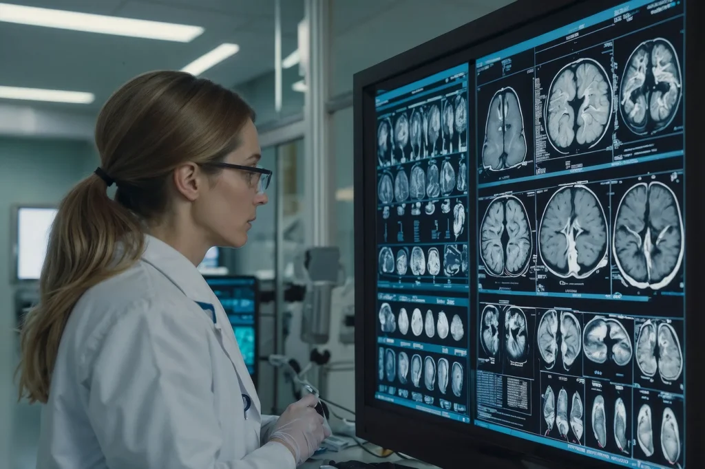 A doctor looking at brain scans for a head injury.