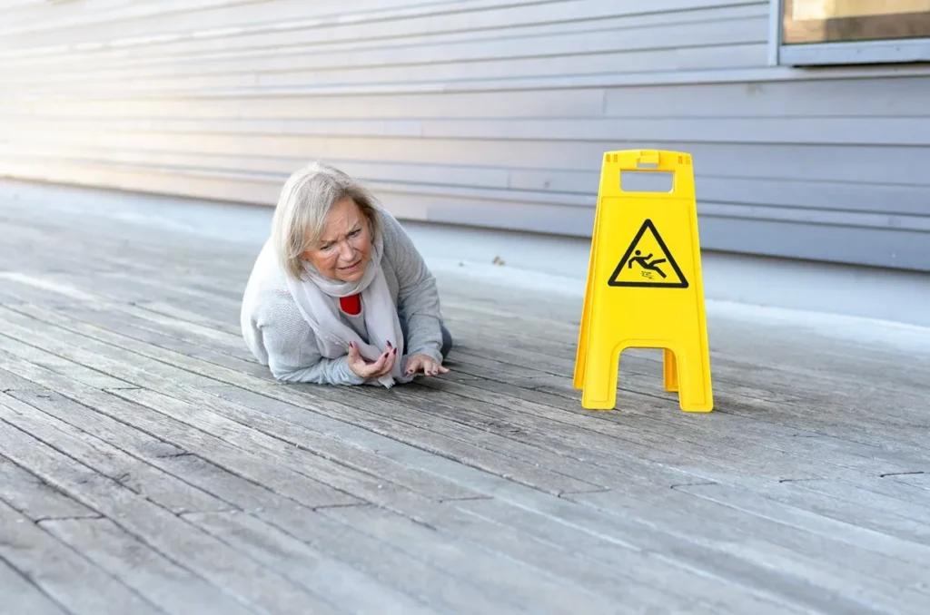 Elderly woman lying on a wooden deck in pain near a caution sign after a fall, illustrating a slip and fall injury on private property.